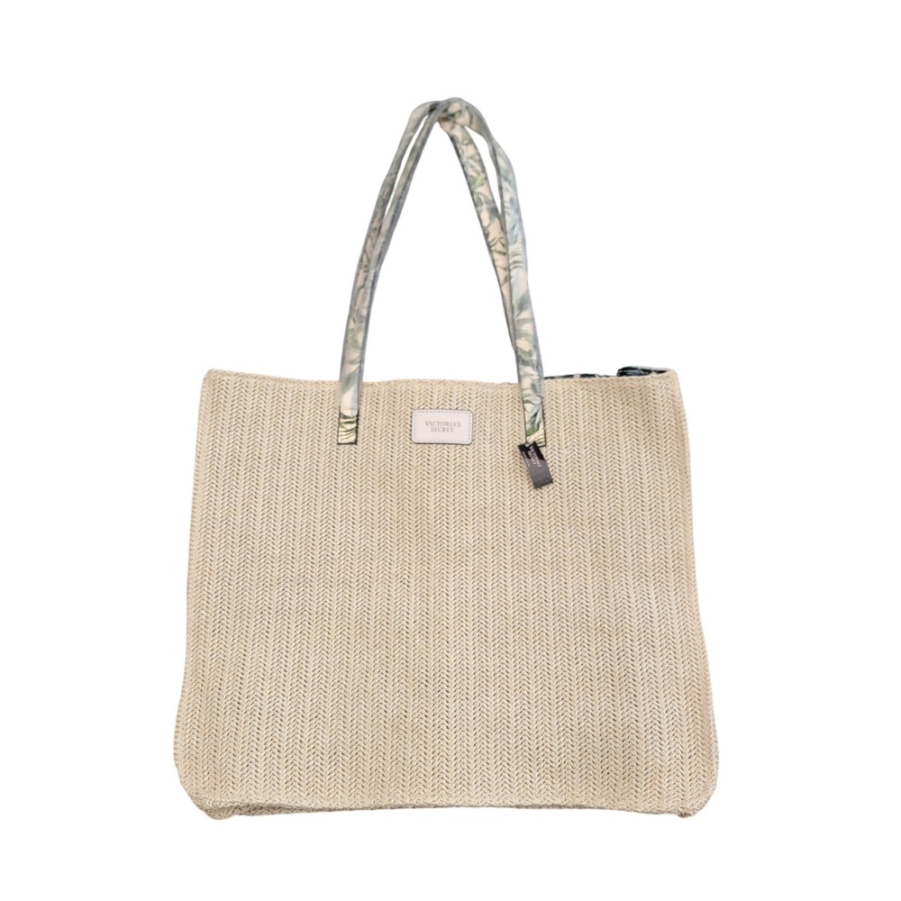 Victorias Secret Tote Bag Womens Beige NEW Woven‎ Straw Tropical Vacation New